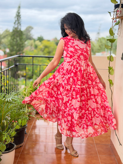 Midora Red Chiffon tiered dress