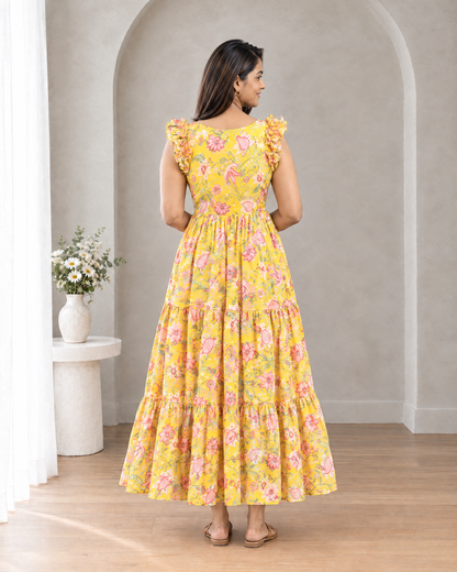 Sunlit Bloom Floral Ruffle Shoulder Chiffon Dress