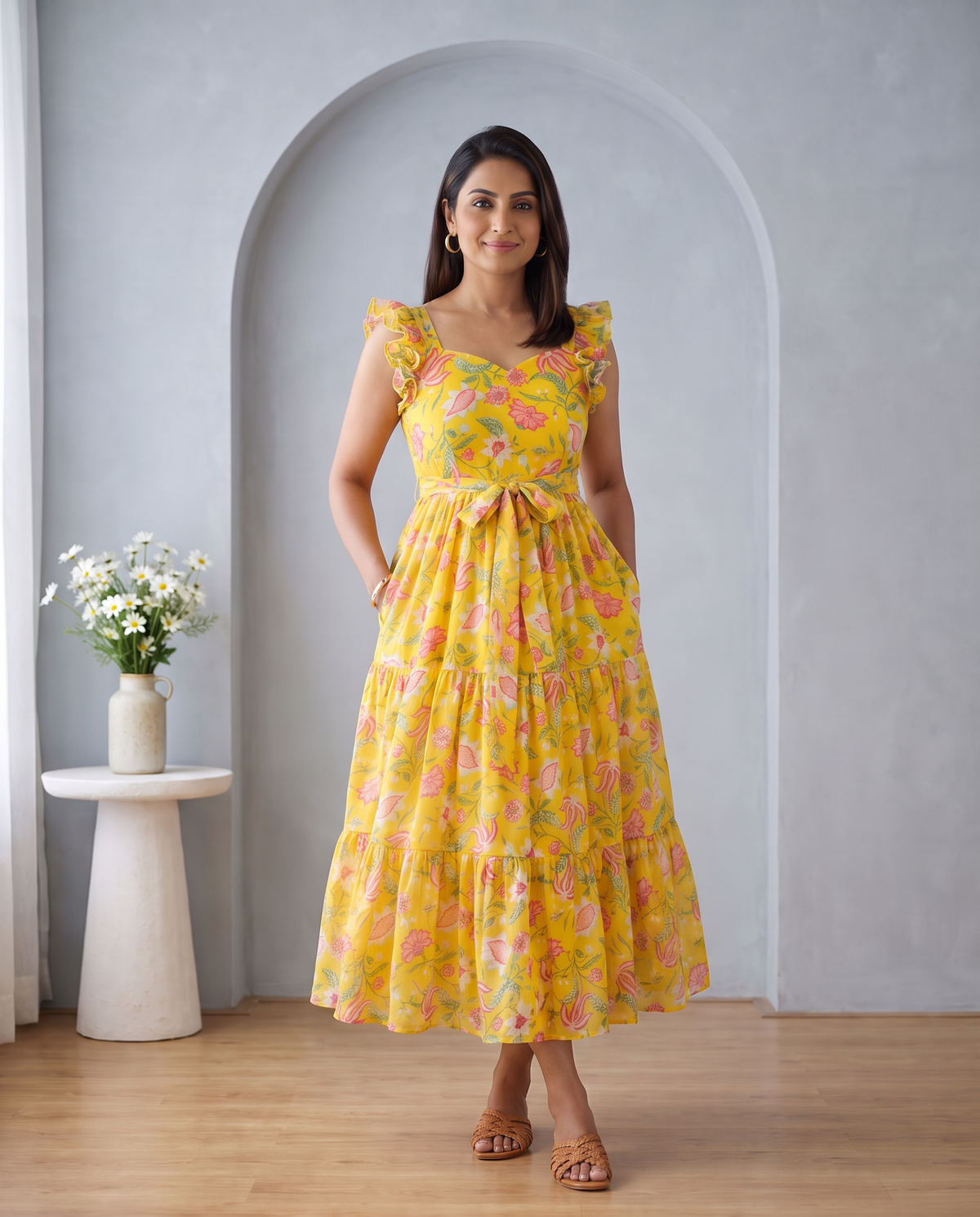 Sunlit Bloom Floral Ruffle Shoulder Chiffon Dress