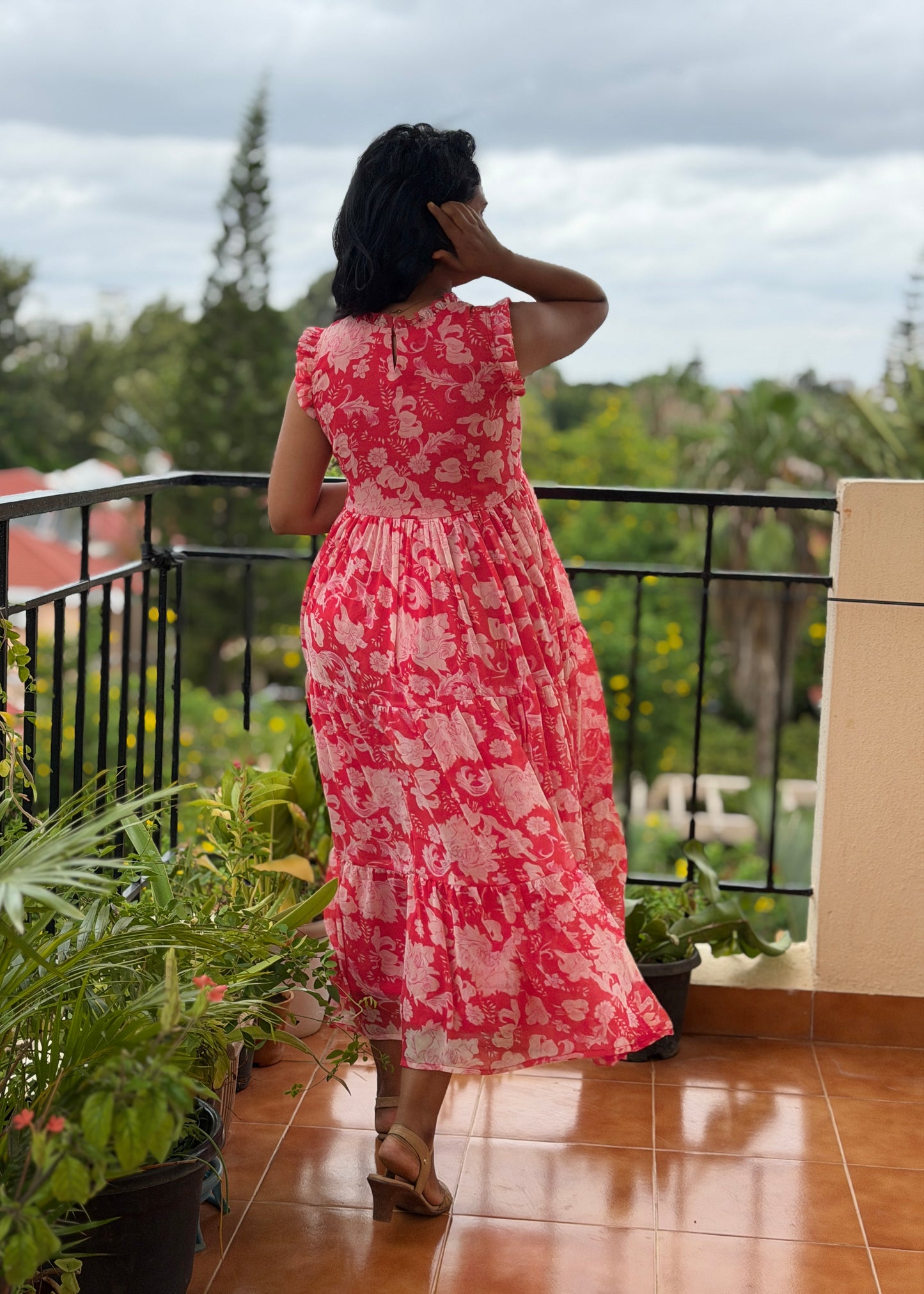 Midora Red Chiffon tiered dress