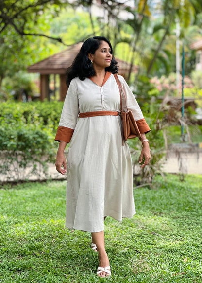 Cotton Linen Midi Dress with Collar, Pockets-Ivory Colour – Office Wear – Ready to Ship
