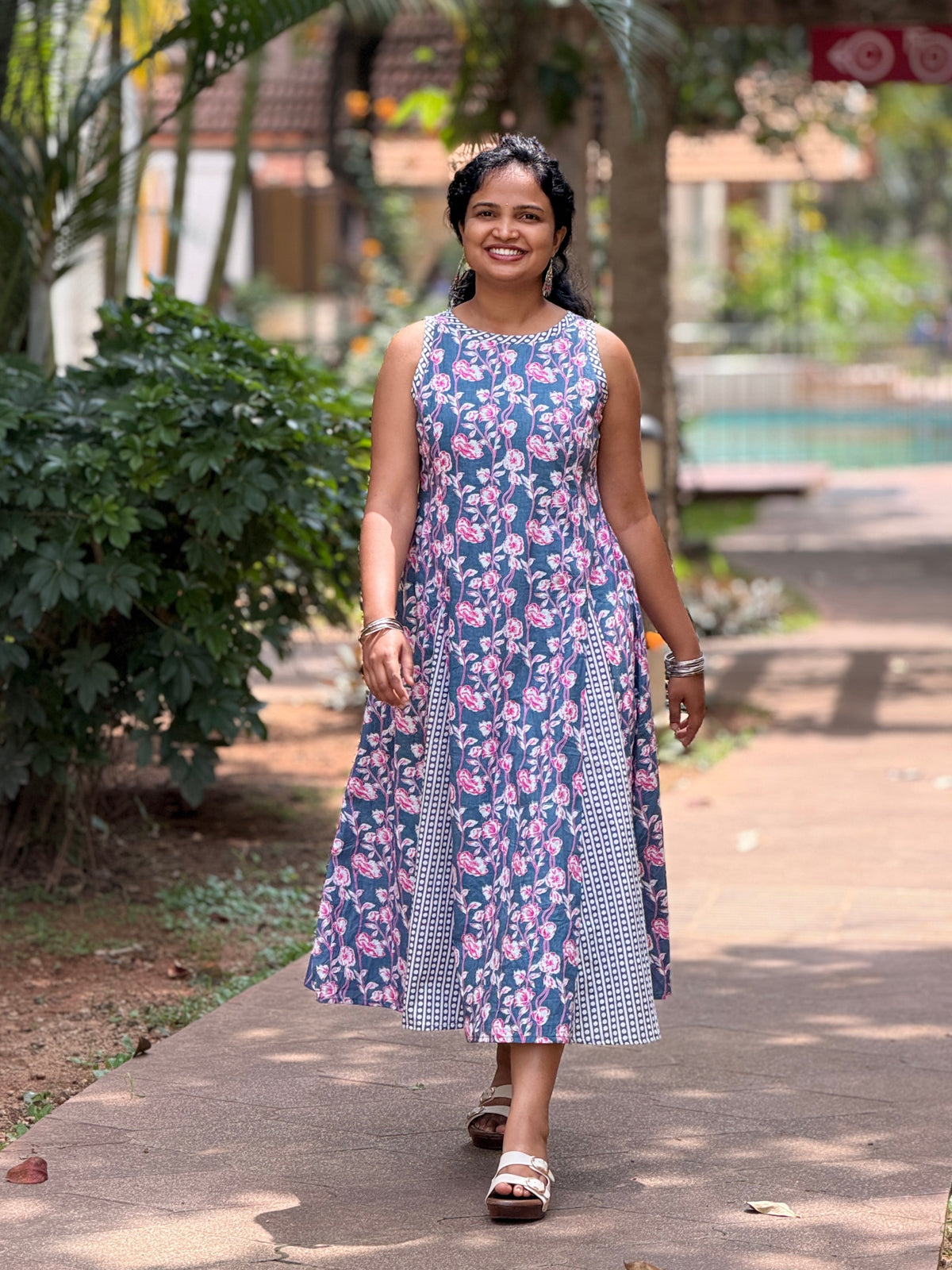 Nessa Gray Floral Panelled Cotton Midi Dress