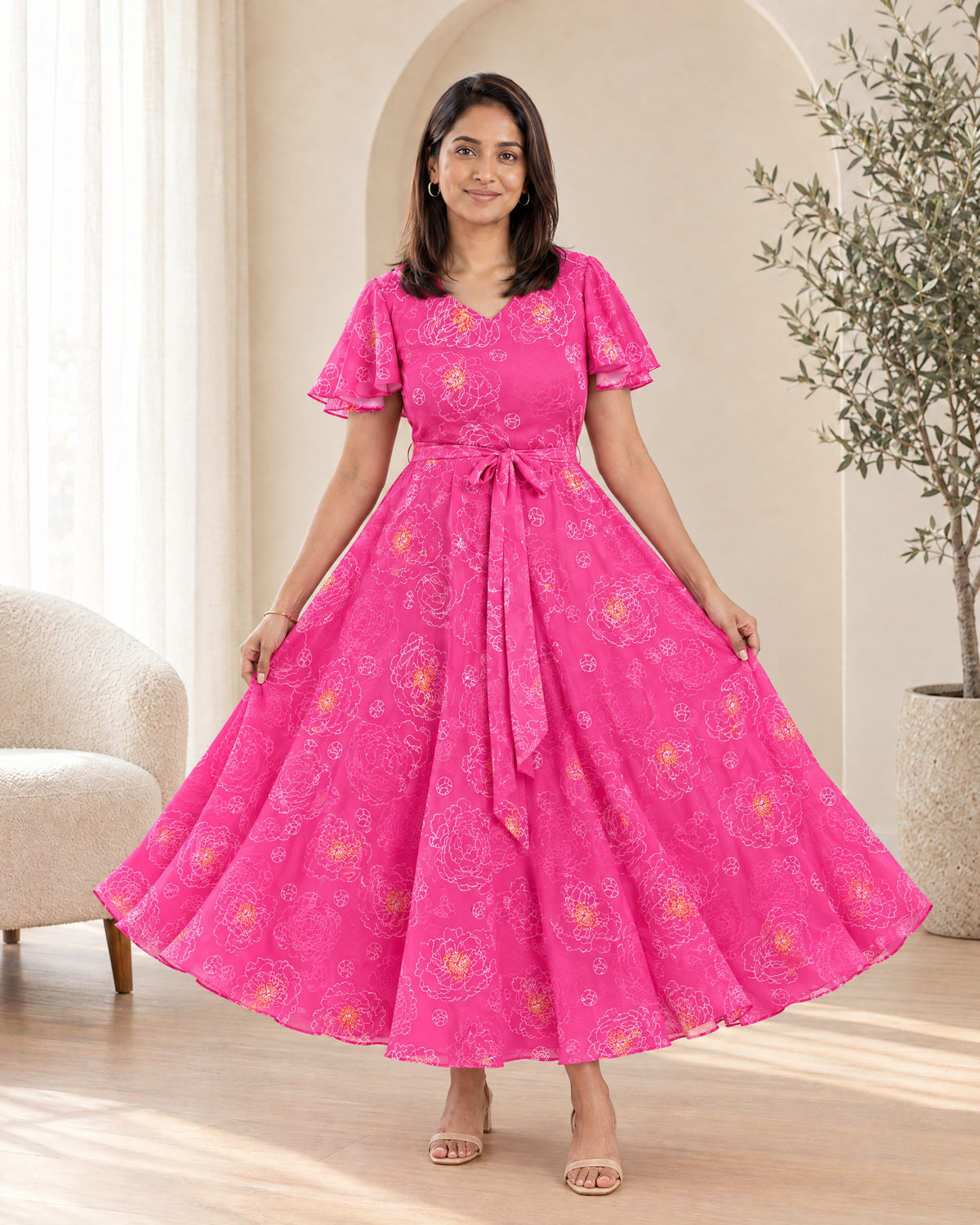 Fuchsia Flair Floral Flared Dress