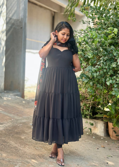 Black Tiered Anarkali with printed dupatta