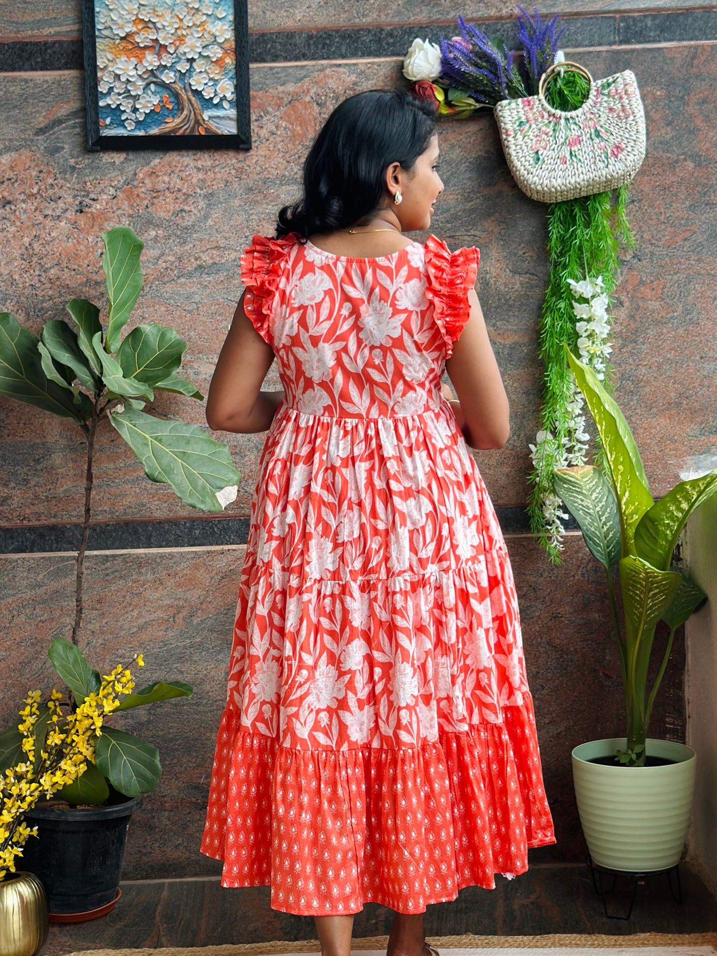 Coral Crush Cotton Midi Dress