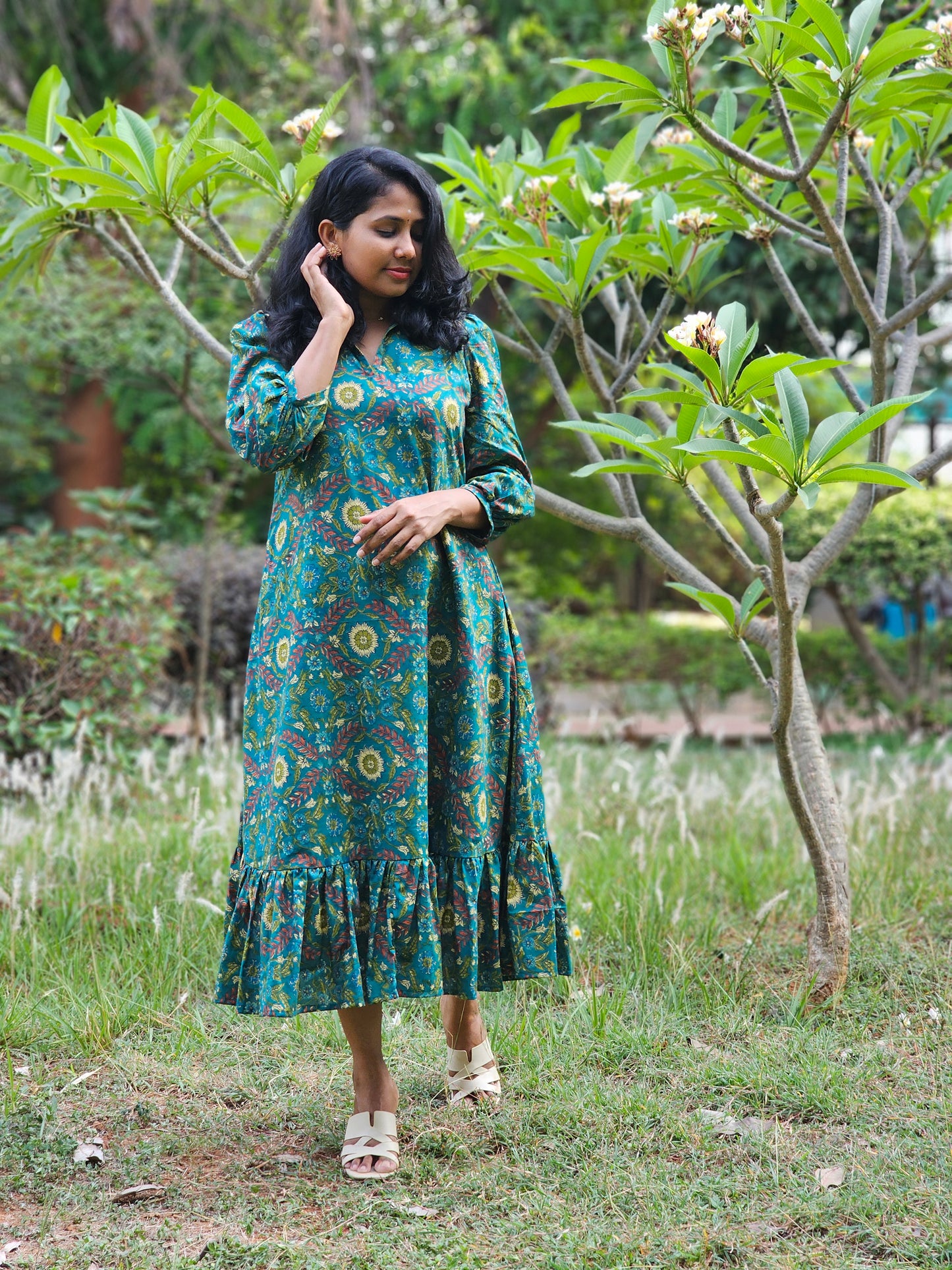 Forest Muse A line Cotton Midi Dress