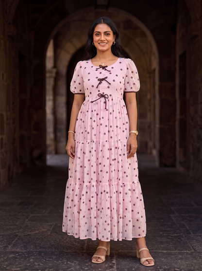Maribel Blush Pink Polka Dot Chiffon Midi Dress