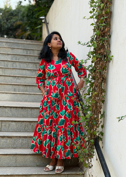 Carina Cotton Maxi Dress — Red Bold Print