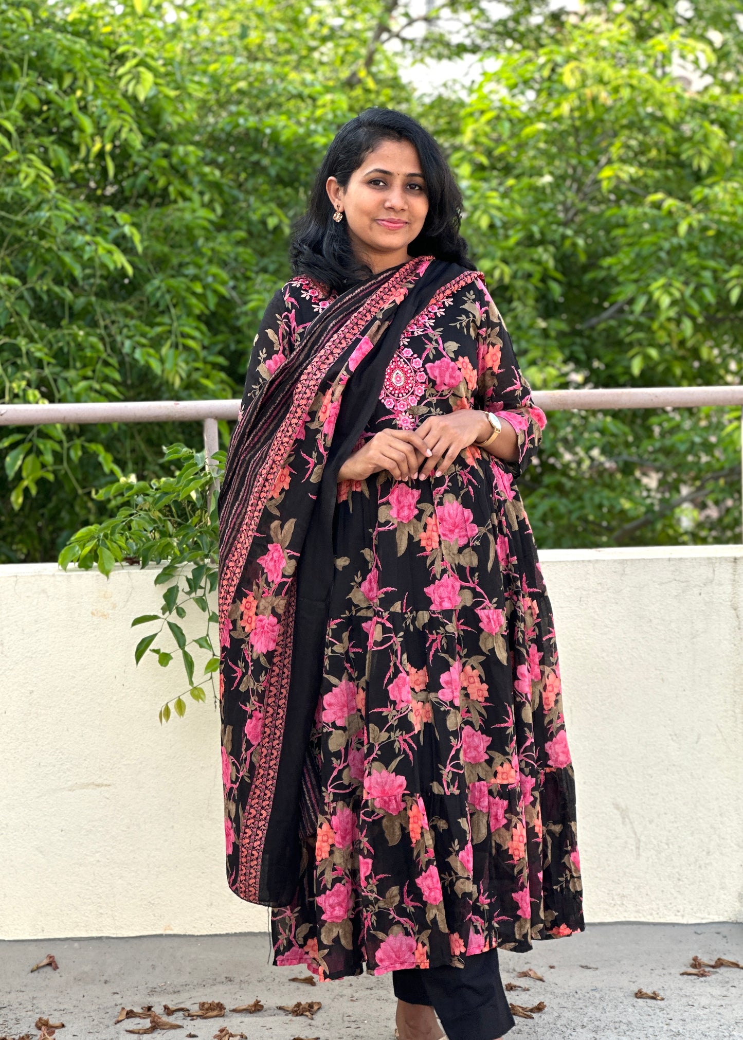 Black Floral Mul Mul Kurta Set