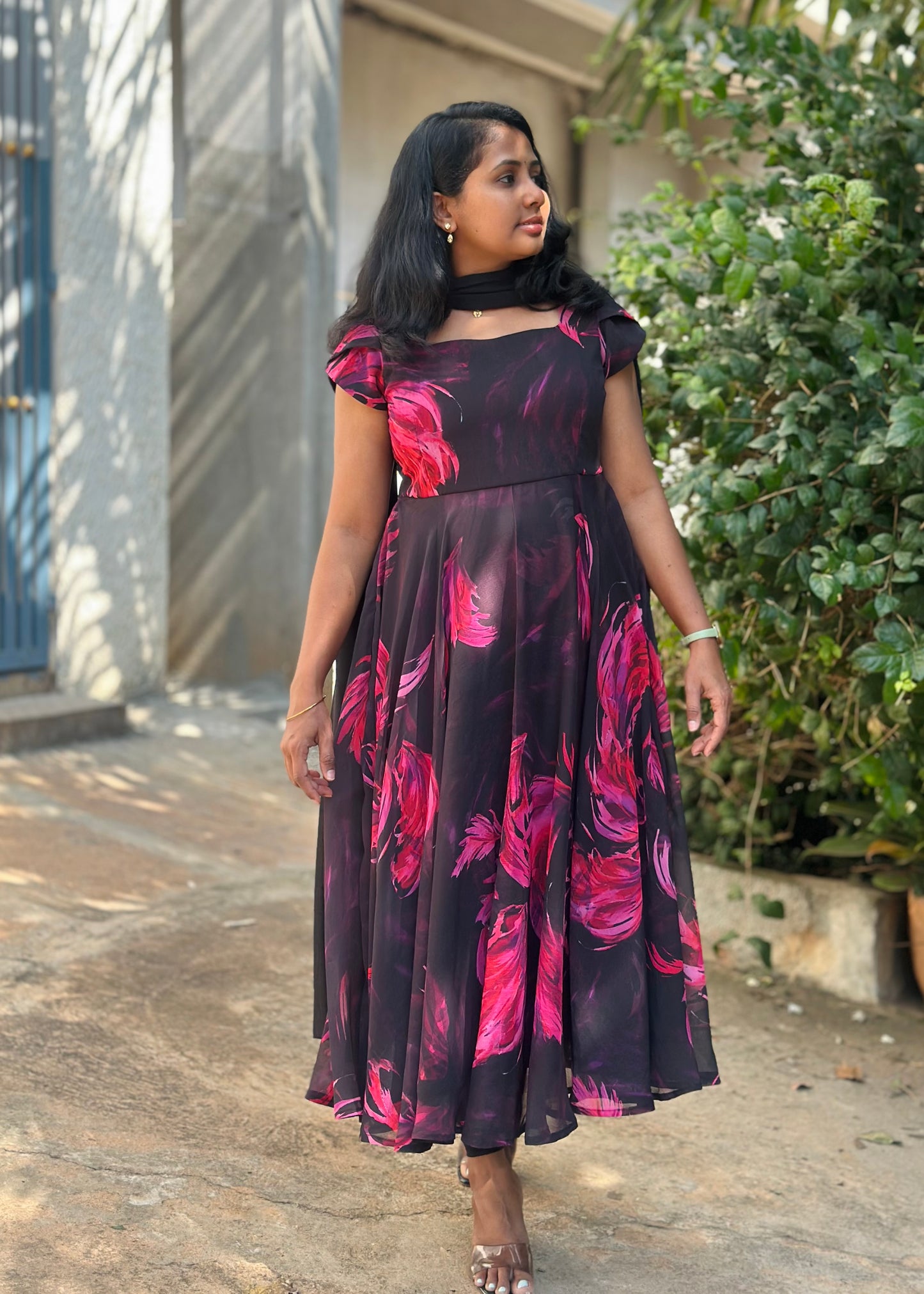 Black with Pink feather print Anarkali