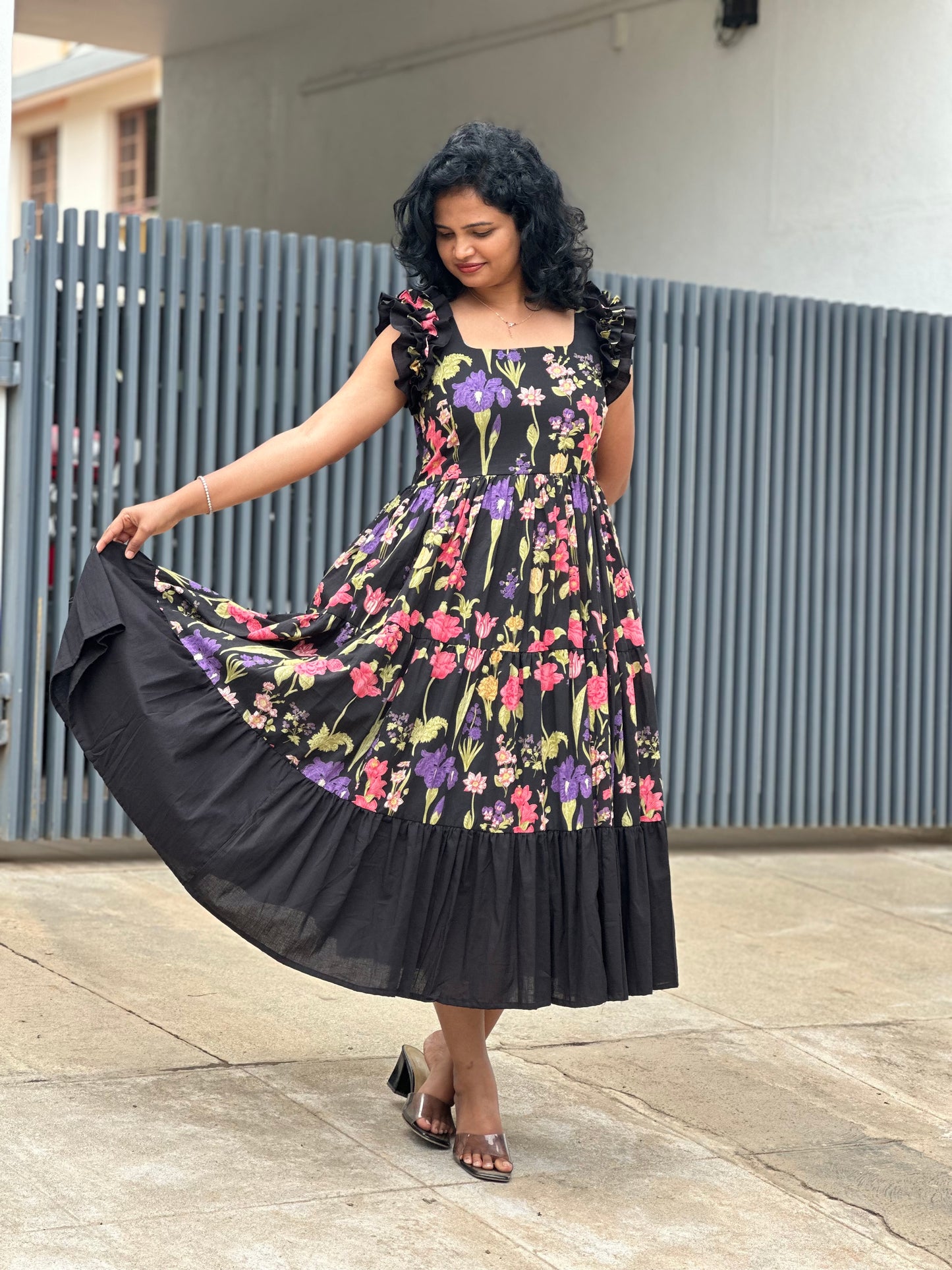 Zeya Black 3 tiered midi  Dress