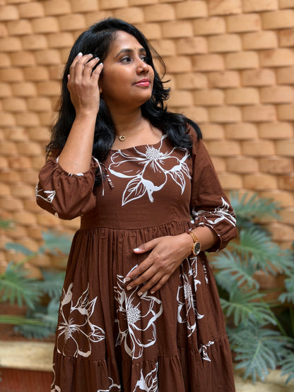 Siena Cotton Maxi Dress — Brown Floral Print