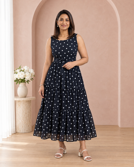 Polka Affair Dark Navy Blue Polka Dot Tiered Maxi Dress
