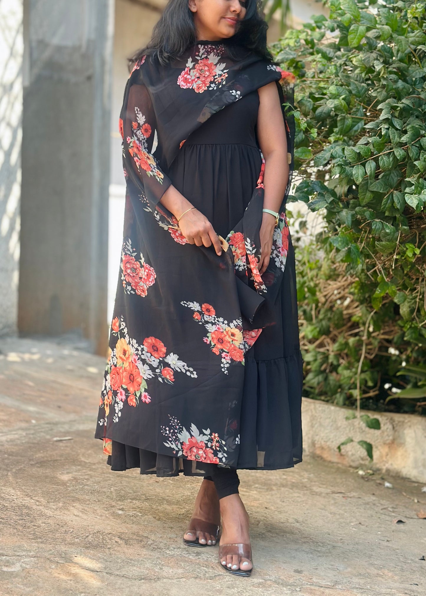 Black Tiered Anarkali with printed dupatta