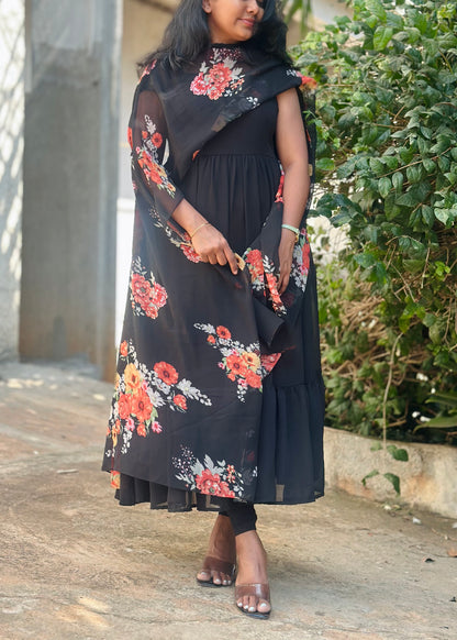 Black Tiered Anarkali with printed dupatta