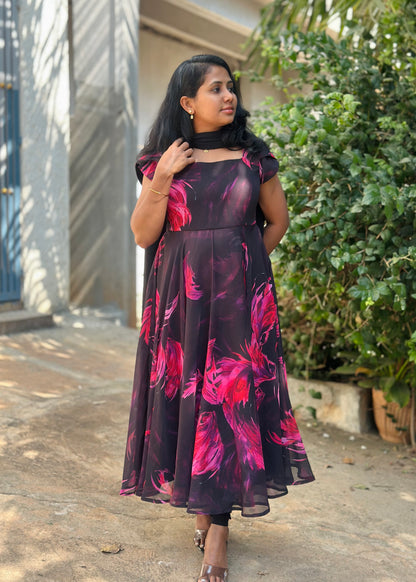 Black with Pink feather print Anarkali