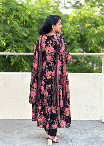 Black Floral Mul Mul Kurta Set