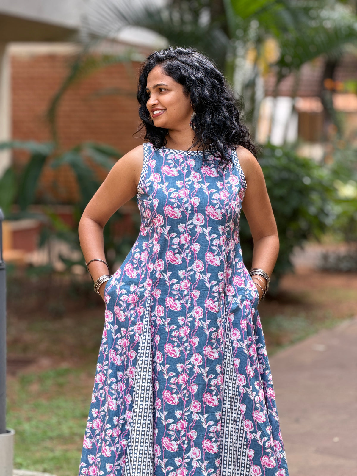 Nessa Gray Floral Panelled Cotton Midi Dress