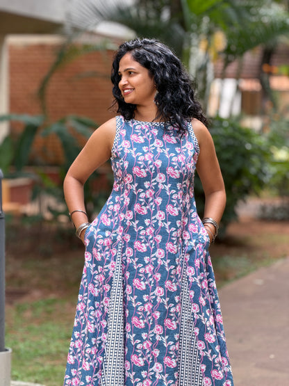 Nessa Gray Floral Panelled Cotton Midi Dress