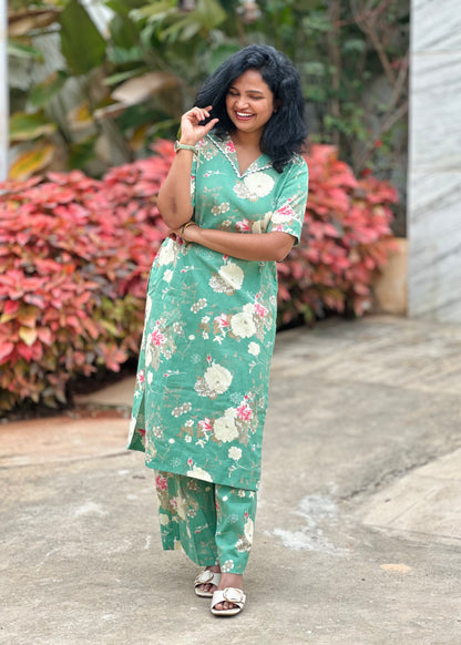 Evara Floral Green Kurta Set