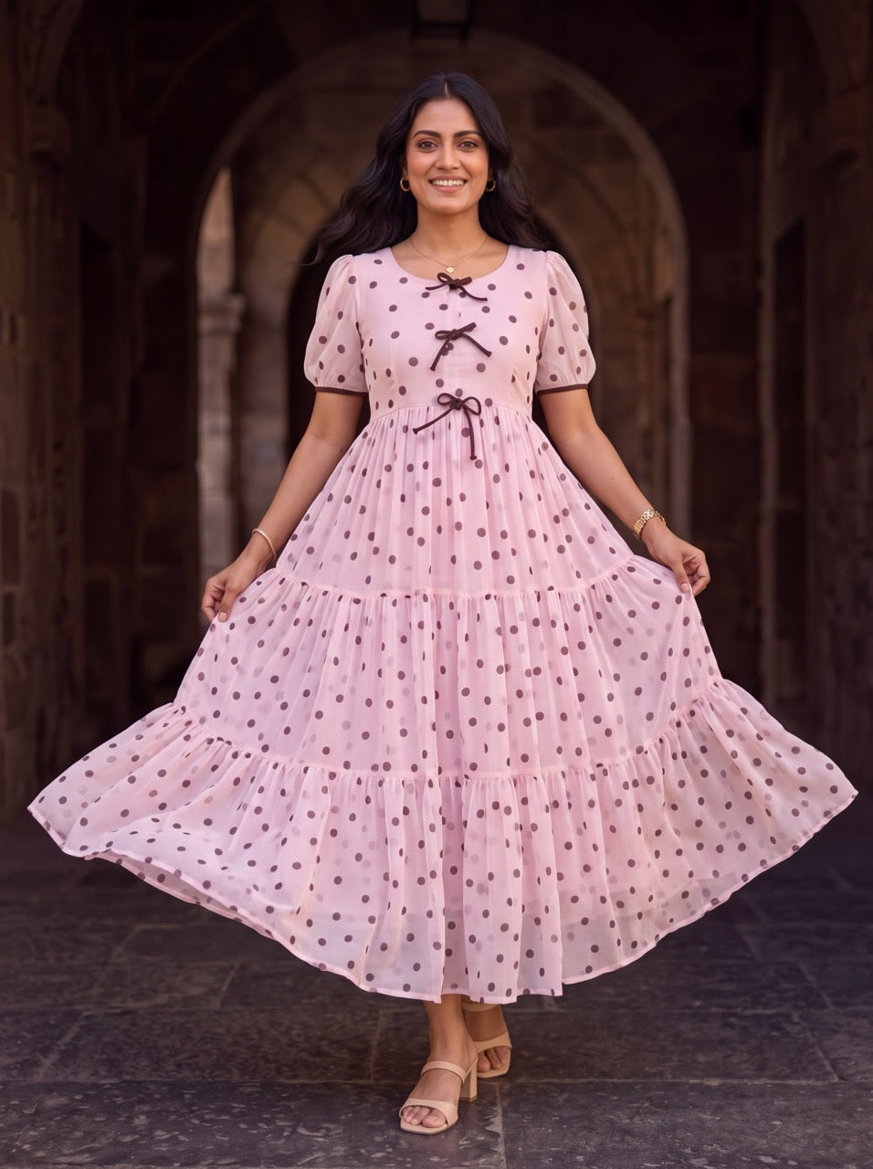 Maribel Blush Pink Polka Dot Chiffon Midi Dress
