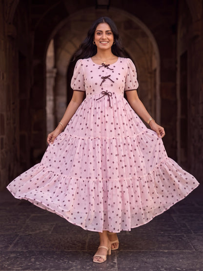 Maribel Blush Pink Polka Dot Chiffon Midi Dress