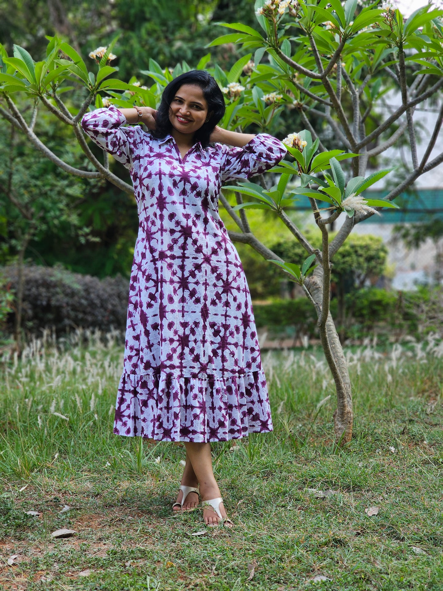 Berry Bloom A line Cotton Midi Dress