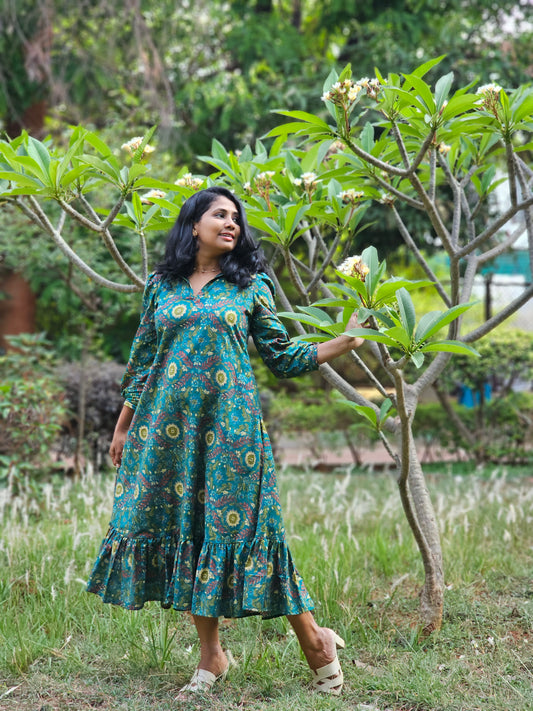 Forest Muse A line Cotton Midi Dress