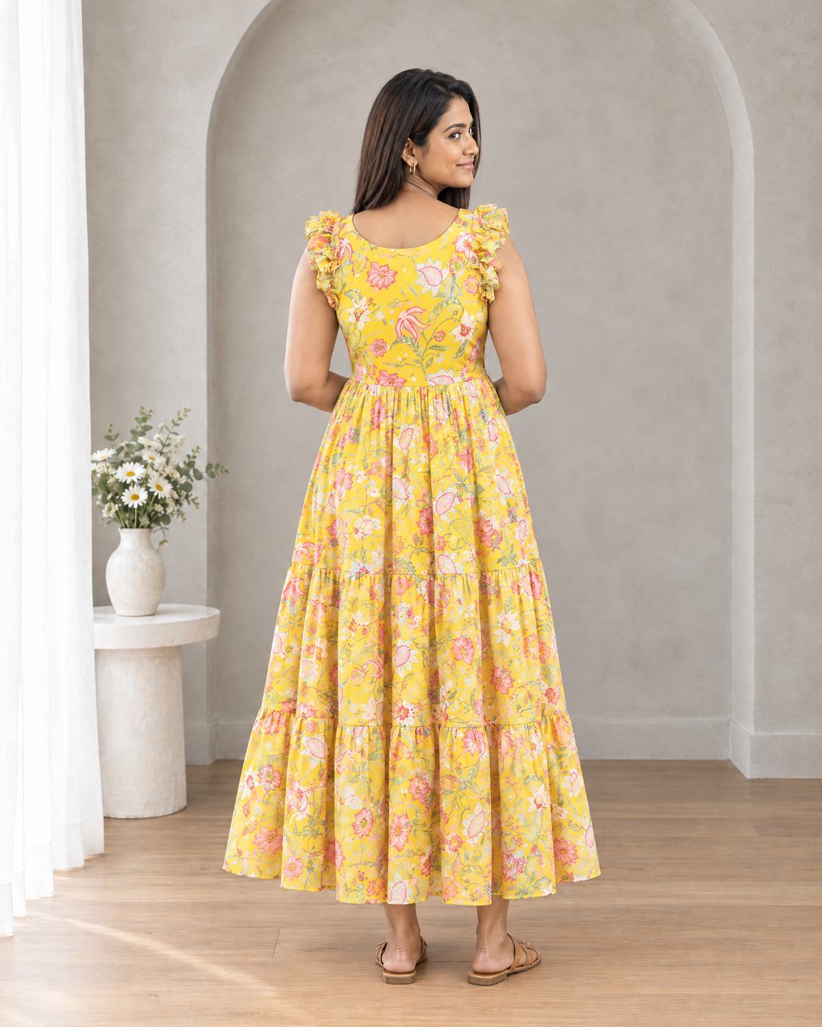 Sunlit Bloom Floral Ruffle Shoulder Chiffon Dress