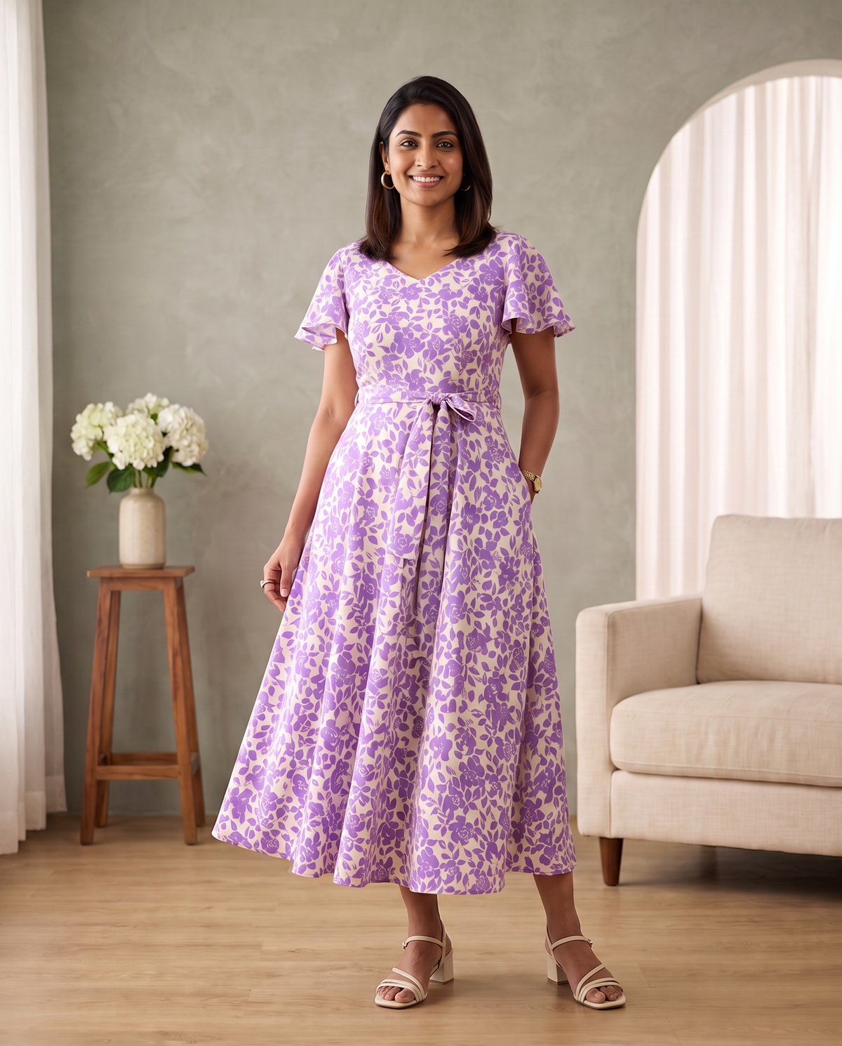 Lilac Poetry  Floral Flared Dress