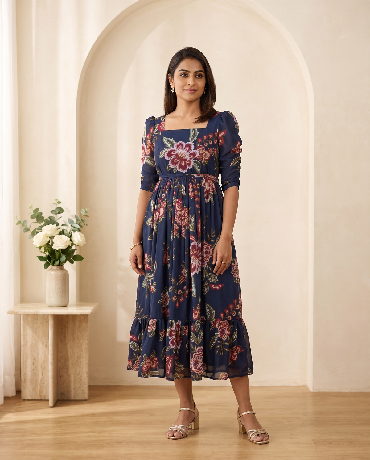 Indigo Charm Georgette Midi Dress