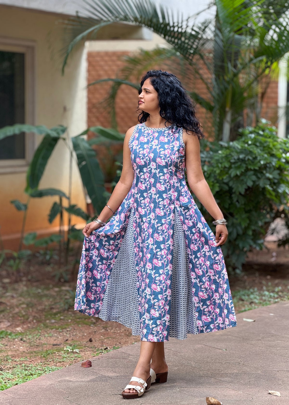 Nessa Gray Floral Panelled Cotton Midi Dress