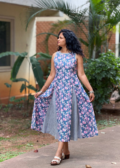 Nessa Gray Floral Panelled Cotton Midi Dress
