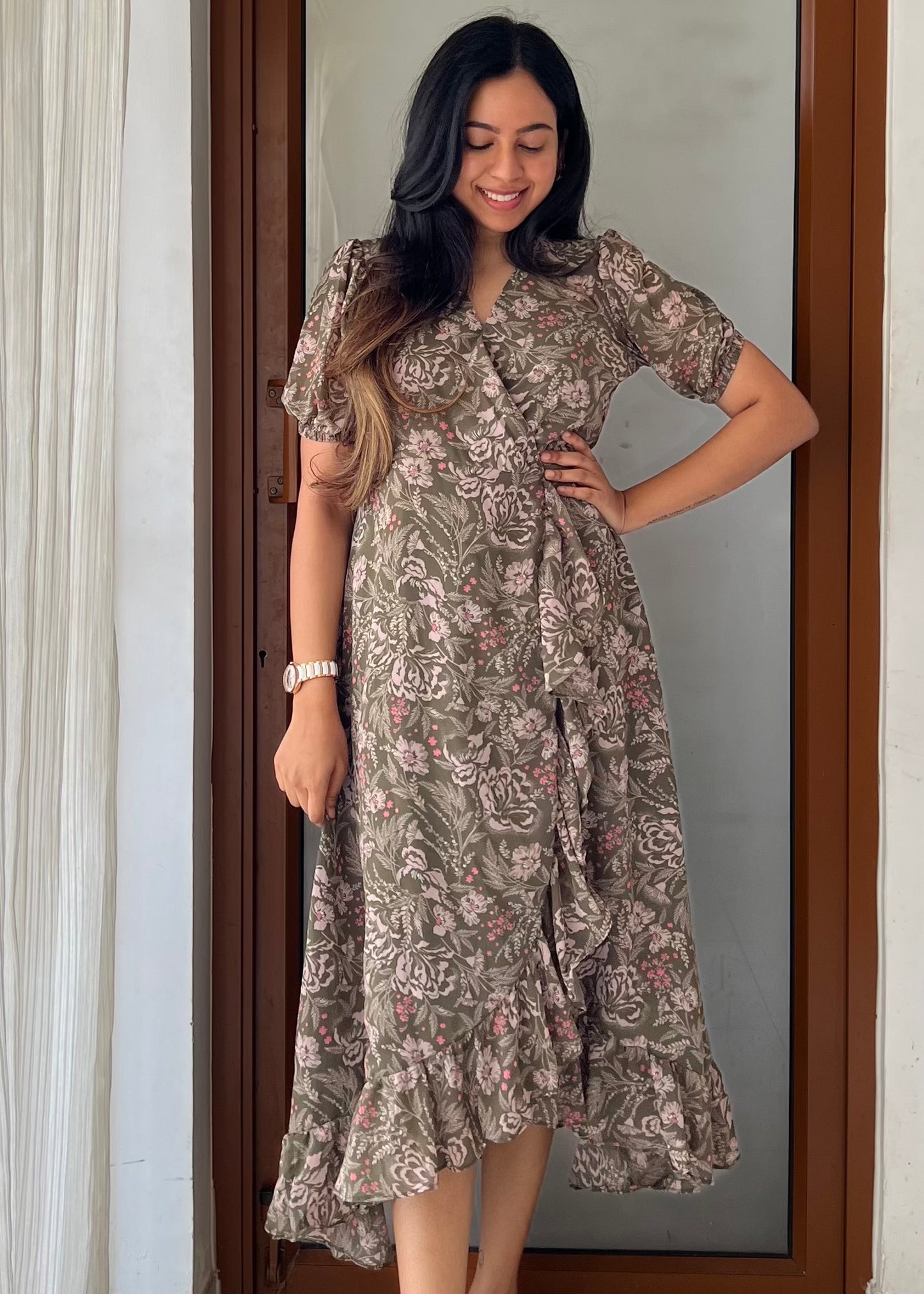 Olive Floral Wrap Dress