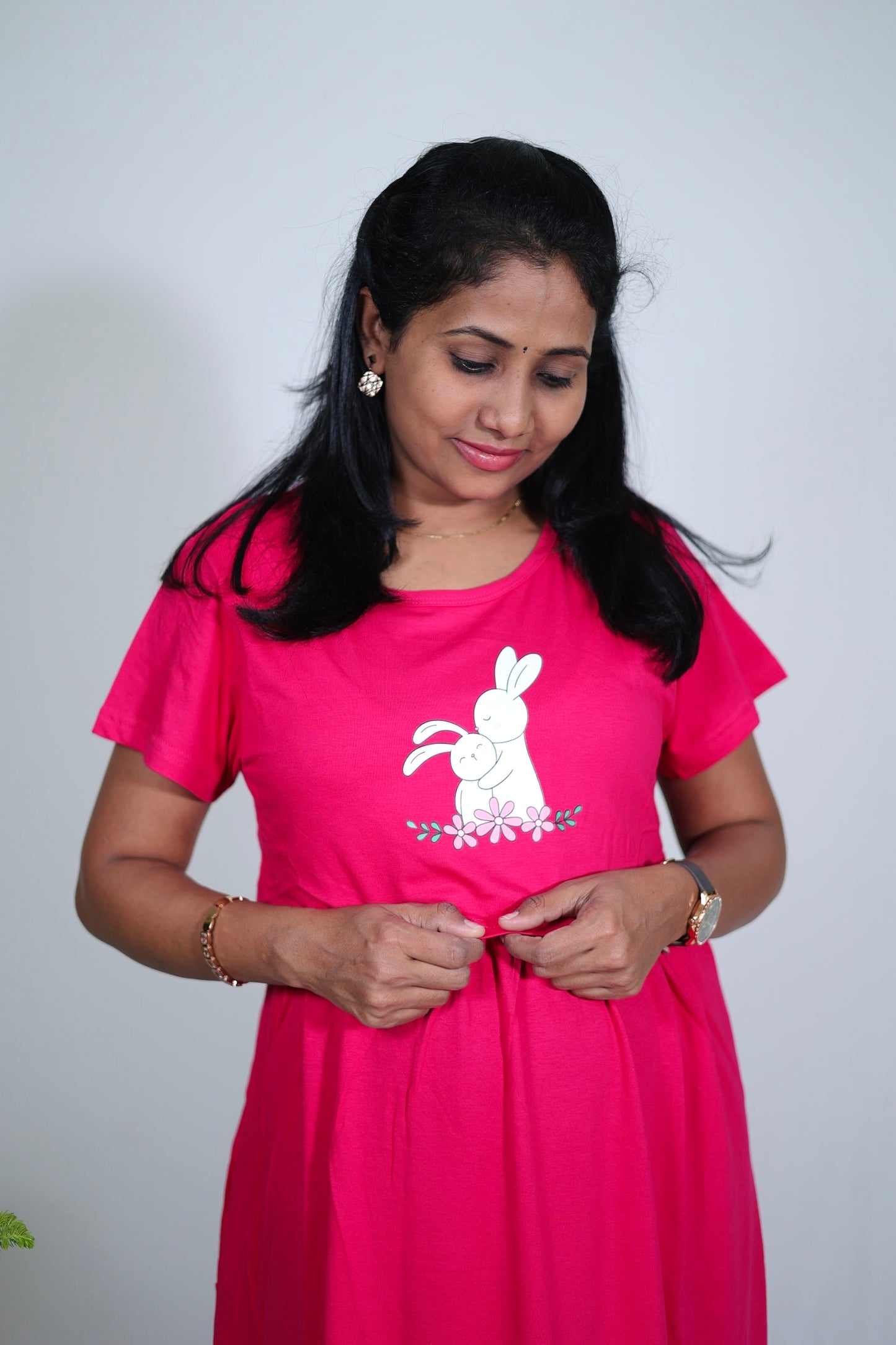 [2XL ONLY]- Pink Bunny Print Solid Maternity & Feeding Loungewear