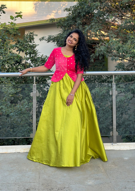 Lime Green Umbrella Long Gown with Pink Jacket