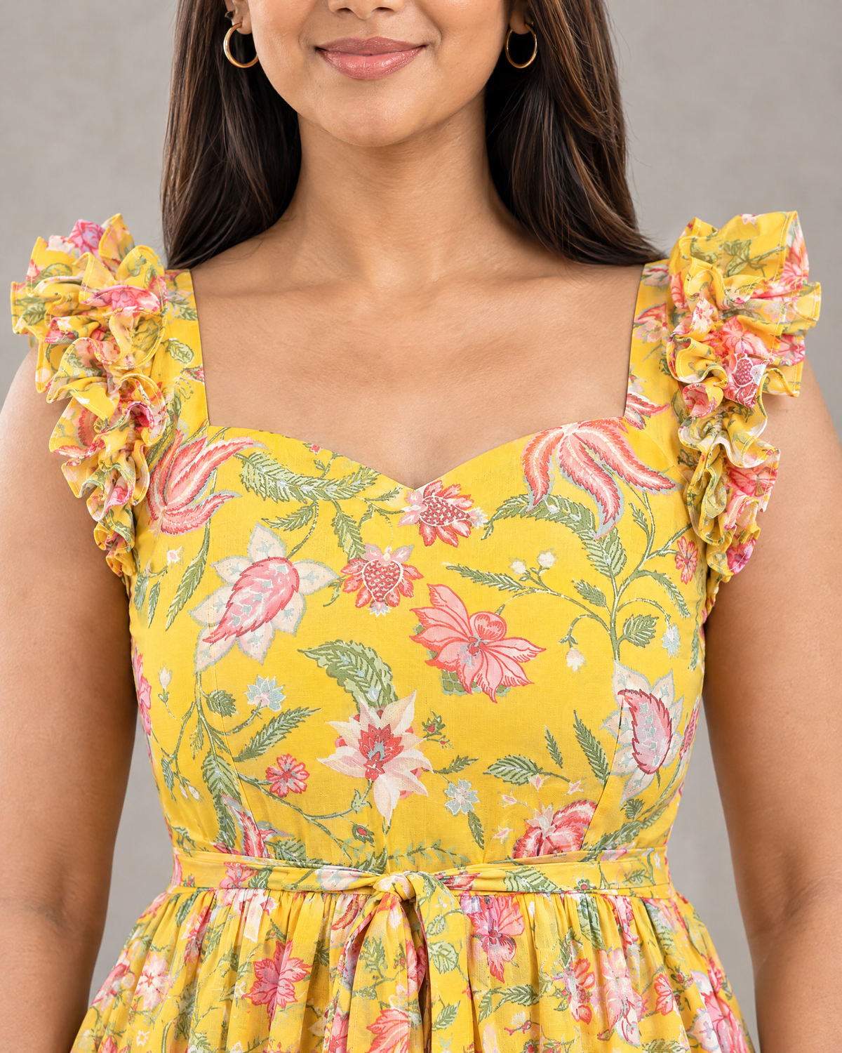 Sunlit Bloom Floral Ruffle Shoulder Chiffon Dress
