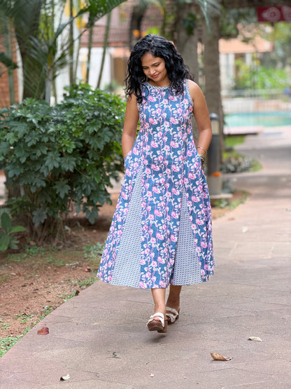 Nessa Gray Floral Panelled Cotton Midi Dress