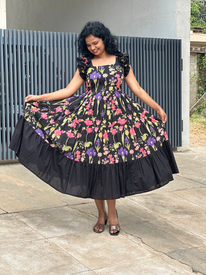 Zeya Black 3 tiered midi  Dress