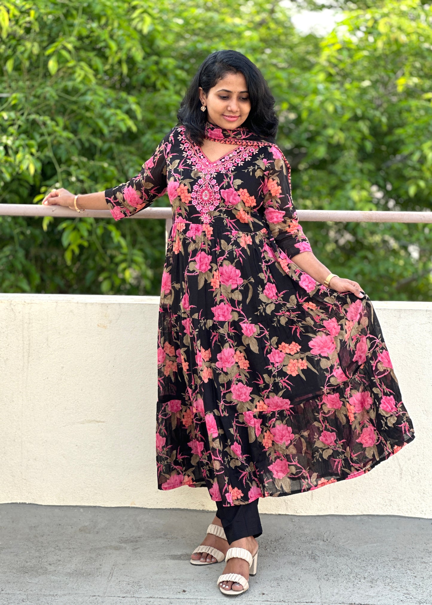 Black Floral Mul Mul Kurta Set