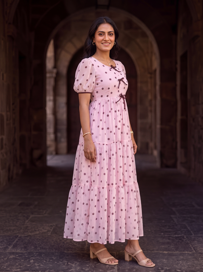 Maribel Blush Pink Polka Dot Chiffon Midi Dress