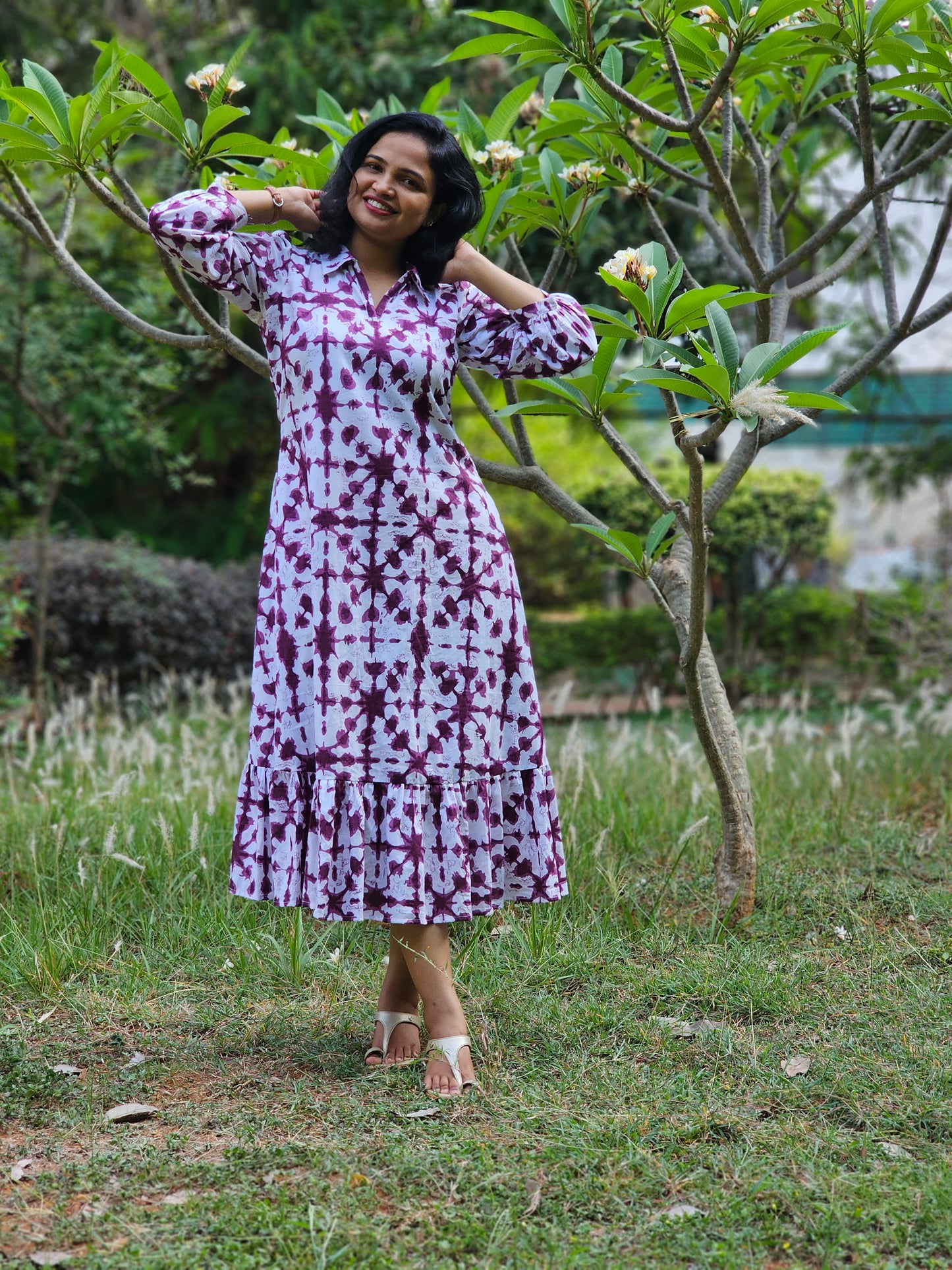 Berry Bloom A line Cotton Midi Dress