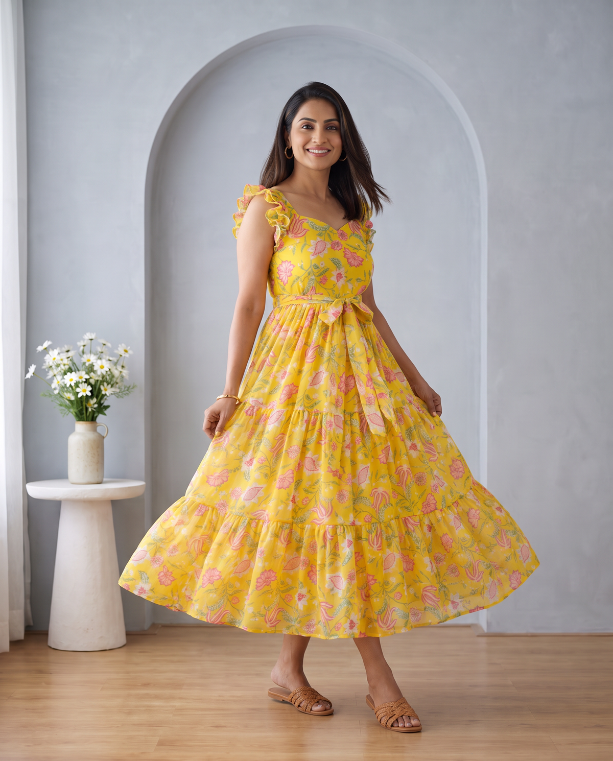 Sunlit Bloom Floral Ruffle Shoulder Chiffon Dress