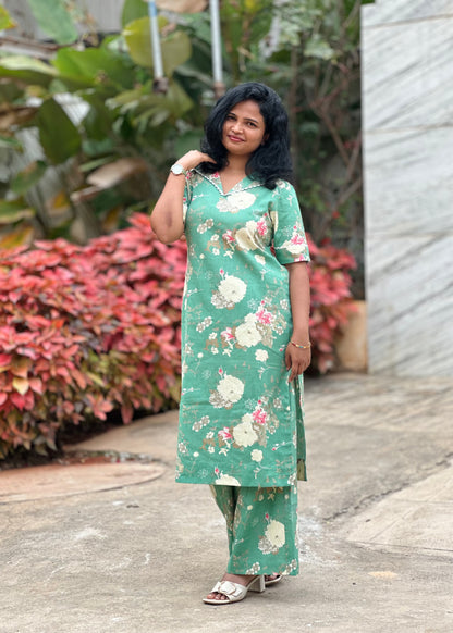 Evara Floral Green Kurta Set
