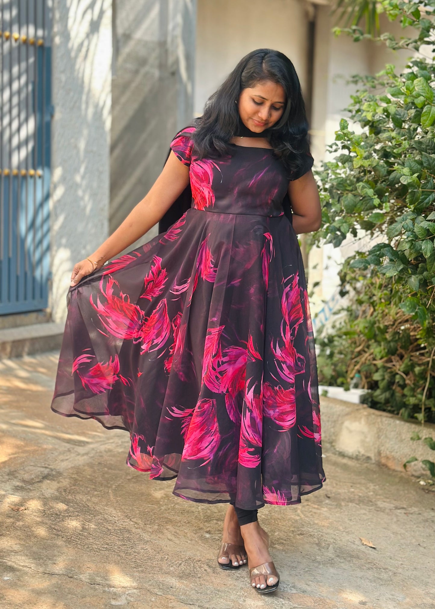 Black with Pink feather print Anarkali