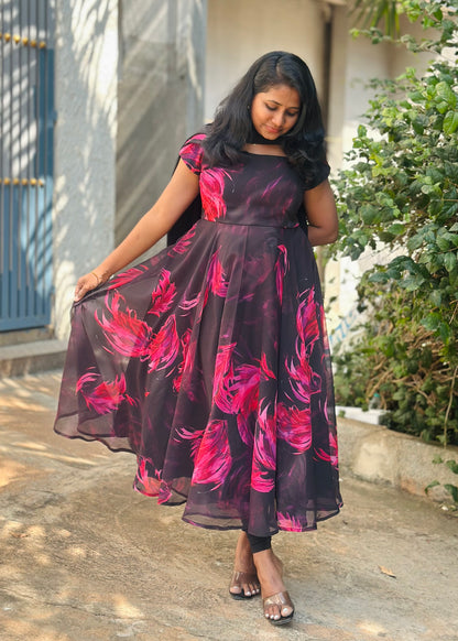 Black with Pink feather print Anarkali
