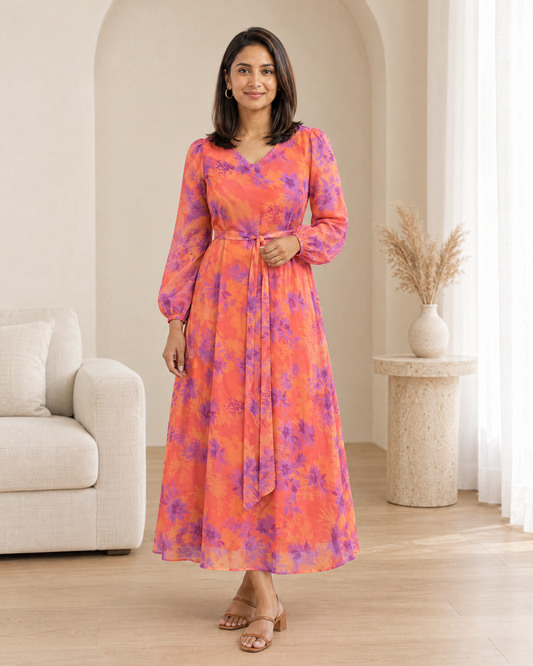 Sunset Splash oral Orange Floral Flared Dress