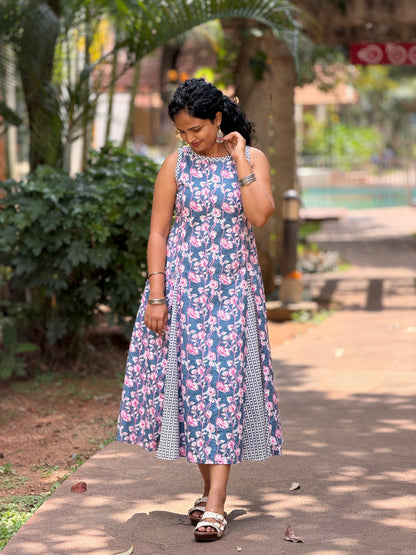 Nessa Gray Floral Panelled Cotton Midi Dress