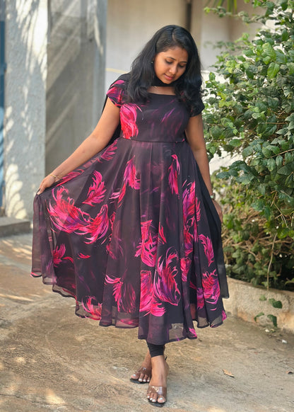 Black with Pink feather print Anarkali