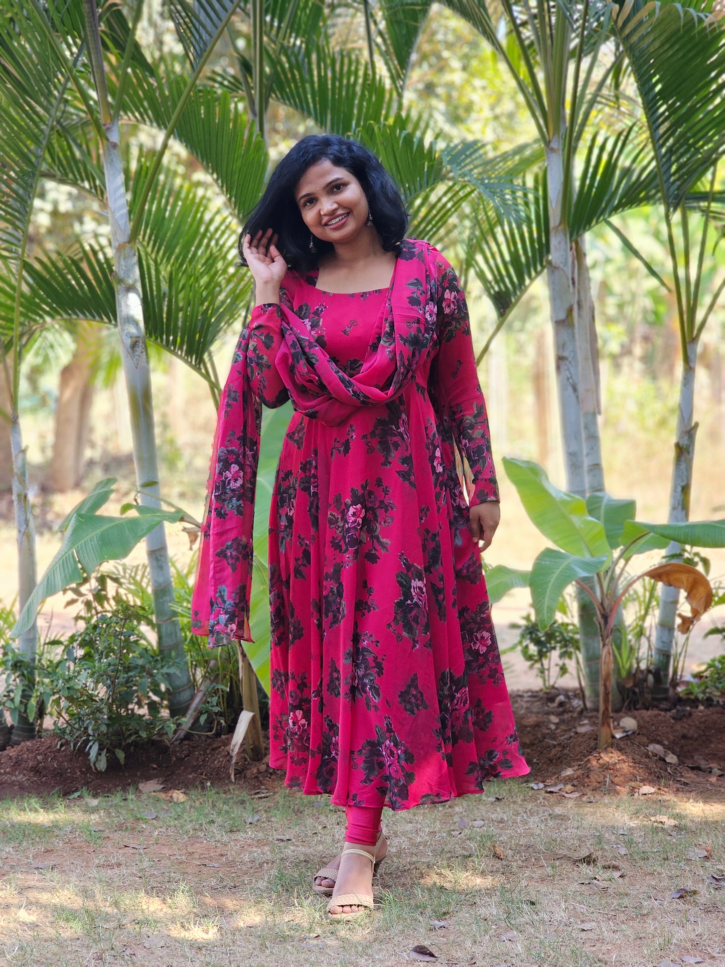 Berry Pink Floral Print Anarkali